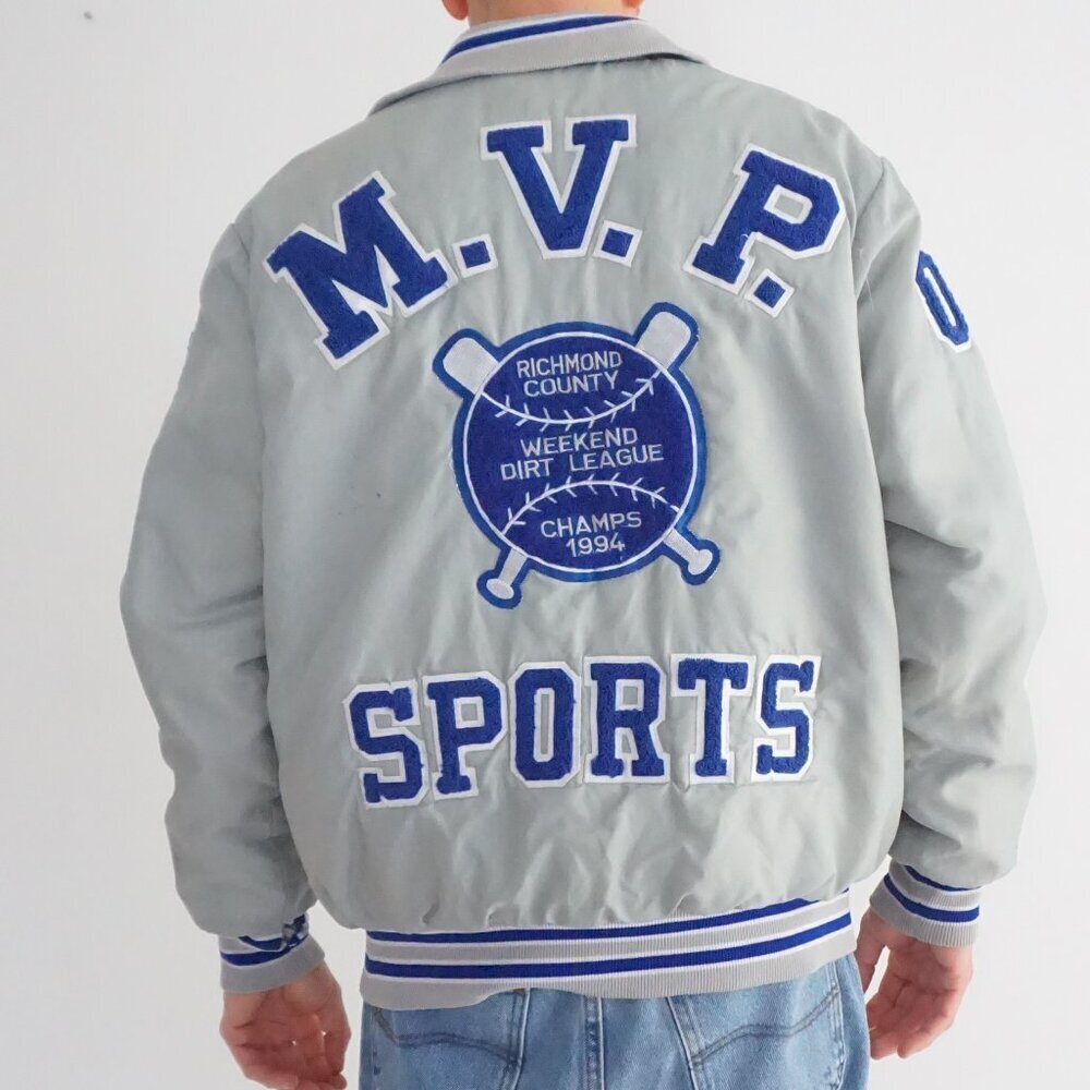 Vintage North Tail Grey Blue MVP Sports Patch Varsity Snap Jacket Large